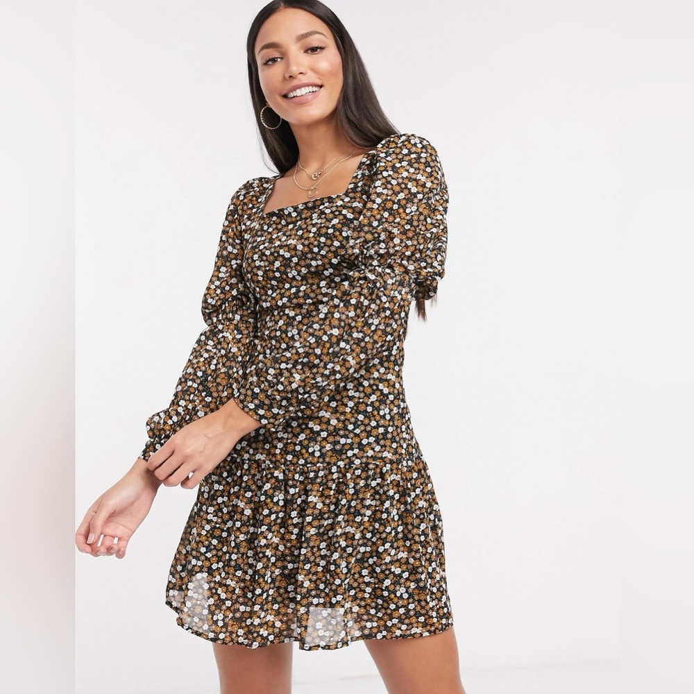 Fashion Union Tall Mini Ditsy Floral Long Sleeve Tiered Dress